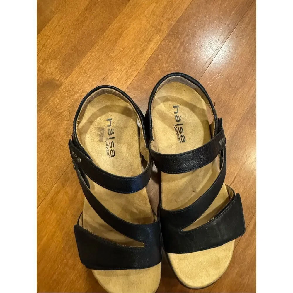 Hälsa Footwear Sandals Women’s 7.5 Black Leather Comfort Adjustable Strap